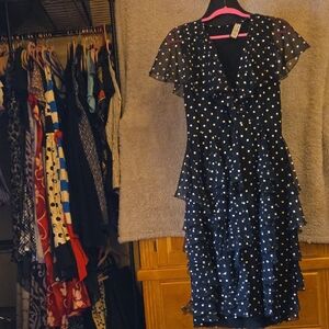 Black and White Tiered Midi Dress with Flutter Sleeves